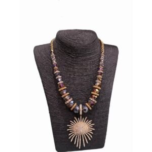 Sunburst Pendant Statement Necklace with Crystal - Beaded Chain