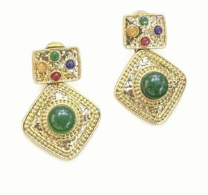 Multi - Gem Square Drop Earrings in Textured Gold